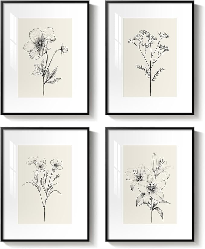 Framed Black and White Botanical Wall Art, Set of 4 Piece Vintage Minimalist Neutral Floral Prints Painting, Farmhouse Rustic Flower Artwork for Bedroom Living Room Fireplace Kitchen Walls, 11x14 Inch