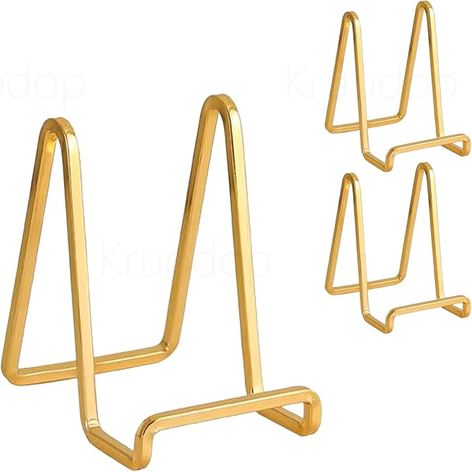3 Pack 4 inch Metal Plate Stands for Display, Plate Holder Pictures Frame Easel Display Stand, Tabletop Picture Stand, Iron Easels for Display Photo Frames, Plates, Vinyl Record，Book, Sign（Gold）