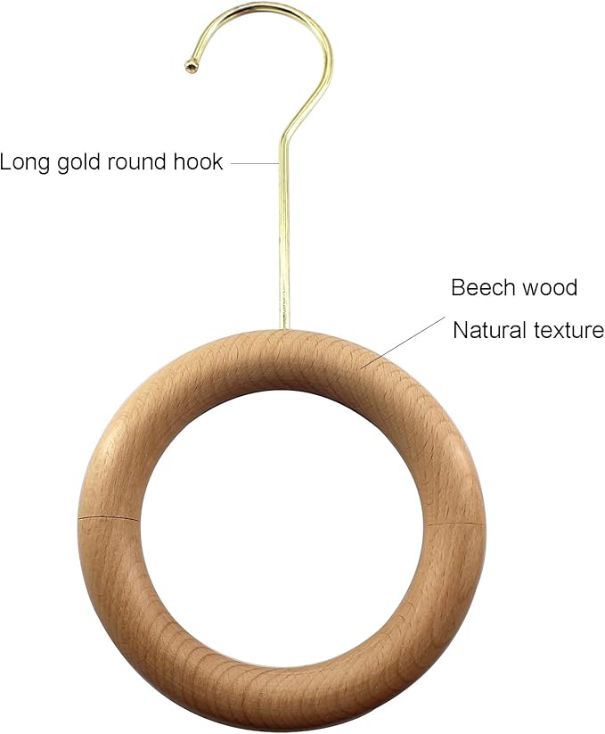 2 Pcs Natural Wood Scarf Hanger Ring Holder with Gold Hook Organiser Storage Hanger for Shop Display Wardrobe Closet Scarves Shawl Tie Belt Towel Necklace Jewellery Accessory Rack