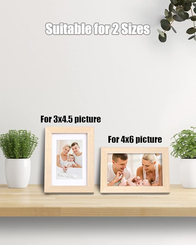 Egofine 4x6 Picture Frames Set of 4, Made of Solid Wood Covered by Plexiglass 3x4.5 and 3.5x5 with Mat or 4x6 without Mat, for Table Top Display and Wall Mounting Photo Frame, Oak Wood