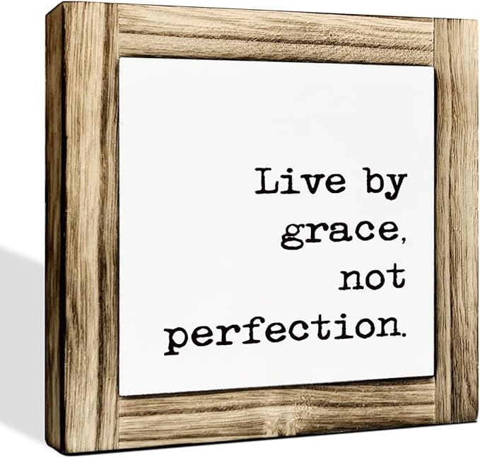 Inspirational Decor Signs, Decorative Wooden Box Sign, Positive Mindset Wood Sign, Motivational Home Office Decor, Gentle Reminder Gift for Her, Live By Grace Not Perfection Sign, 5.9×5.9 inches