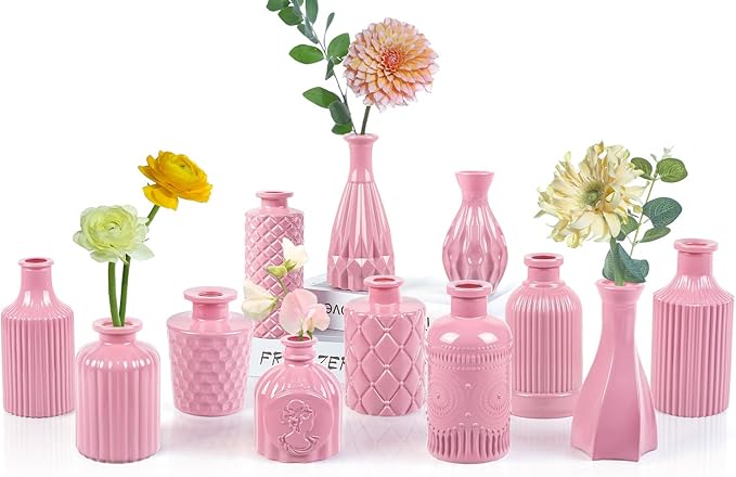 Baby Pink Glass Bud Vases Set of 12, Mini Flower Vase for Centerpieces, Small Vases in Bulk for Wedding Decoration, Vintage Vase for Baby Shower Centerpieces, Home Décor