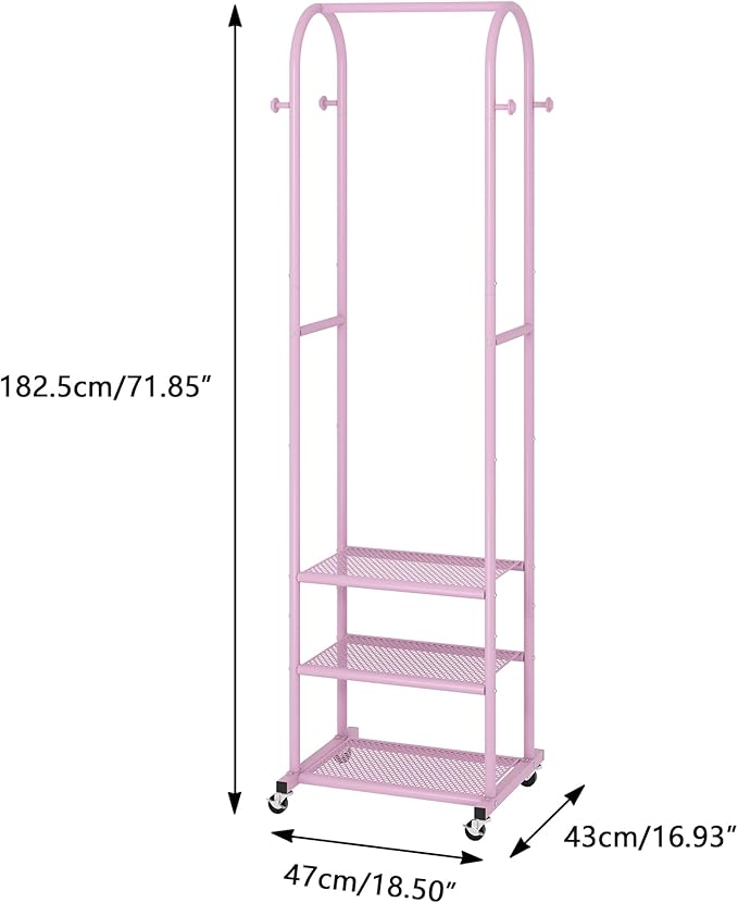 Heavy Duty Clothing Rack with Wheels,Modern Garment Rack with 3 Metal Shelves, 71.8Inches Display Rack for Hanging Clothes, Hanging Rod for Small Space,Pink