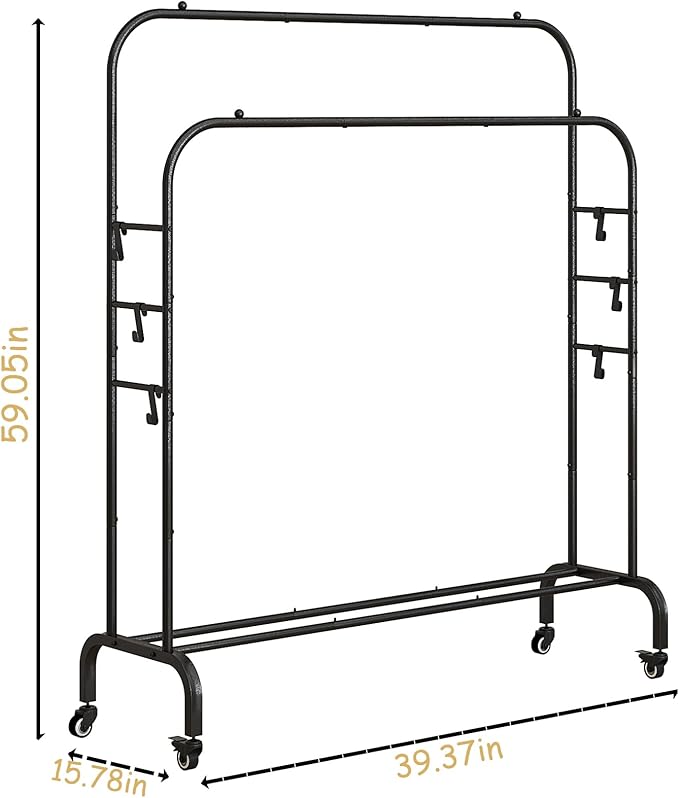SUOERNUO Garment Rack with Wheels Clothing Rack for Hanging Clothes Multi-functional Bedroom Clothes Rack，Black+Double RodsBlack