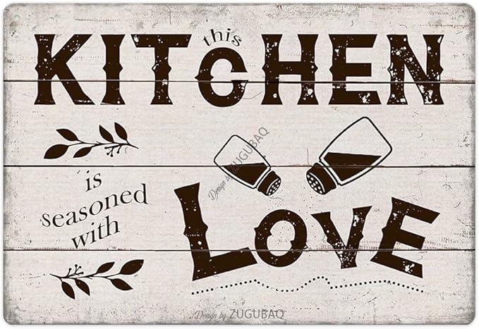 Funny Kitchen Signs Decor-Kitchen Farmhouse Decor-Personalized Kitchen Metal Sign-Kitchen Counter Accessories-12x8 Inch Hanging Plaque Home Wall Decorations-This Kitchen Is Seasoned With Love