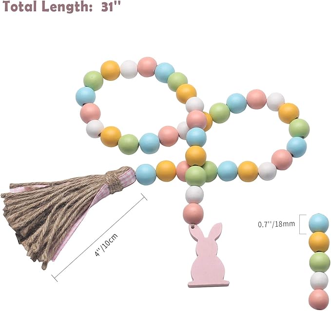 Easter Spring Wood Beaded Garland with Tassels and Bunny Tag Farmhouse Wooden Beads for Tiered Tray Decorations Holiday Country Rustic Prayer Boho Beads Rae Dunn Shelf Décor (Easter Bunny Pink)