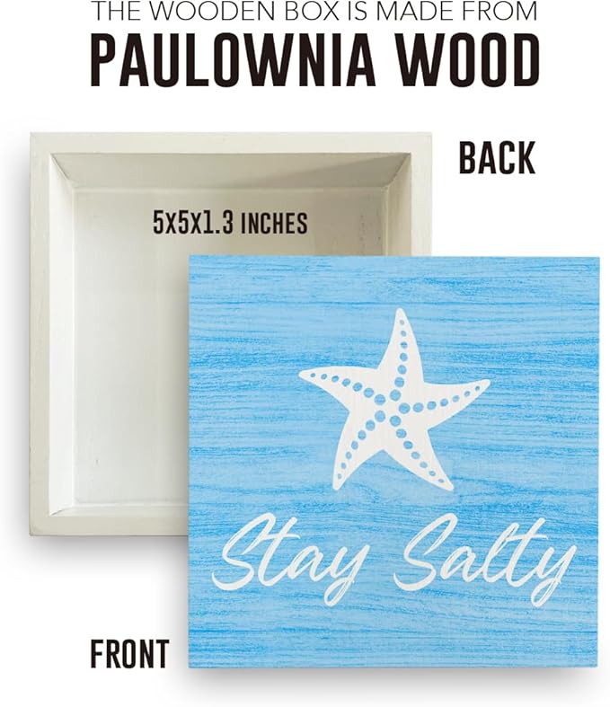 Beach Bathroom Decor Starfish Decor Stay Salty Beach Theme Summer Decorations Wooden Box Sign for Home Office Farmhouse Table Shelf