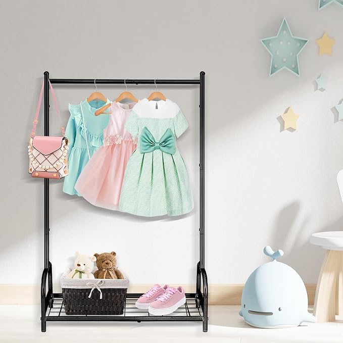 Kids Clothing Rack, Kids Dress Up Storage Rack, Small Clothes Rack with Metal Storage Shelf, Kids Closet Organizers and Storage (Black)