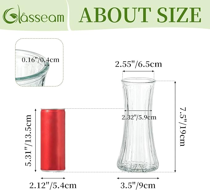 Glasseam Glass Vase for Home Decor: Clear Flower Vases for Living Room Kitchen Bathroom Wedding Table Centerpieces - 7.5" Tall Modern Vintage Decorations for Bouquet Pampas Grass Lego Flowers