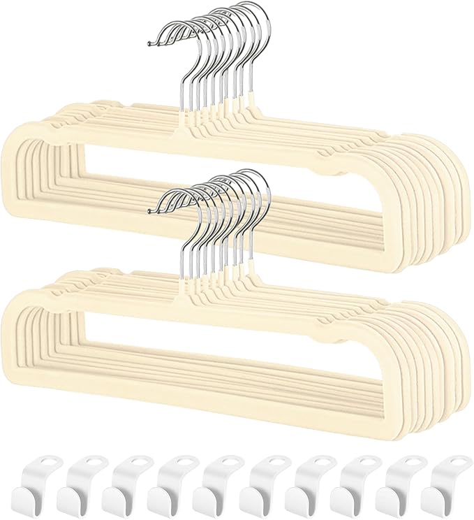 Pants Hangers Non Slip - 20 Pack Velvet Hangers for Closet - Thin Space Saving Clothes Hanger - Strong, Durable, Perchas Terciopelo with 360° Rotatable Hook for Jean, Tank Top, Bra, Shorts (Beige)