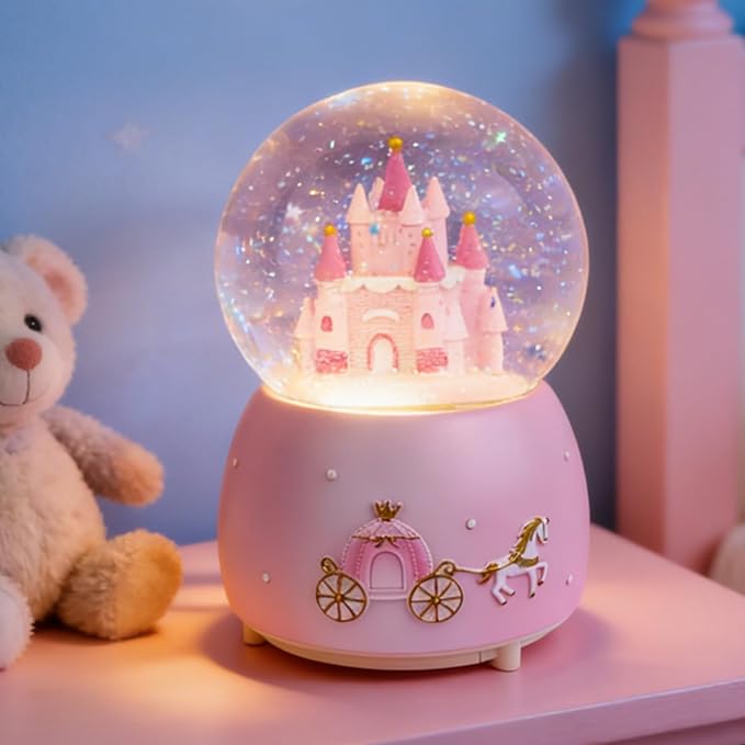 Pink Castle Snow Globes, Girls Music Snowglobes with LED 7 Colors Lights, Automatic Snow Fall Effect, Home Decor for Kids Room Essentials, Gifts for Birthday Christmas Valentines Mother's Day (Pink)