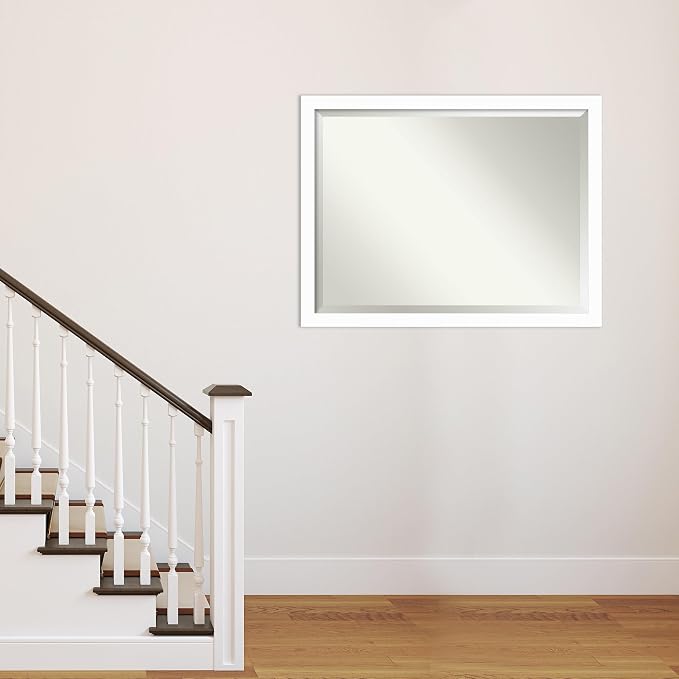 Amanti Art White Wall Mirror 33x43 Basic White Narrow Rectangle Bathroom Mirror for Wall Decor Living Room, X-Large Casual Wood Frame, Hangs Horizonally and Vertically, Bathroom Decor, Beveled Edge