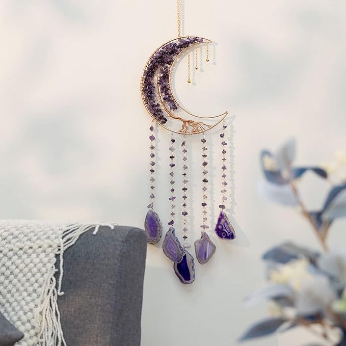 Crystal Dream Catcher with Moon Suncatcher, Boho Bedroom Decor for Women Girls, Handmade Hanging Wall Decor Gift Decor for Bedroom Living Room Garden