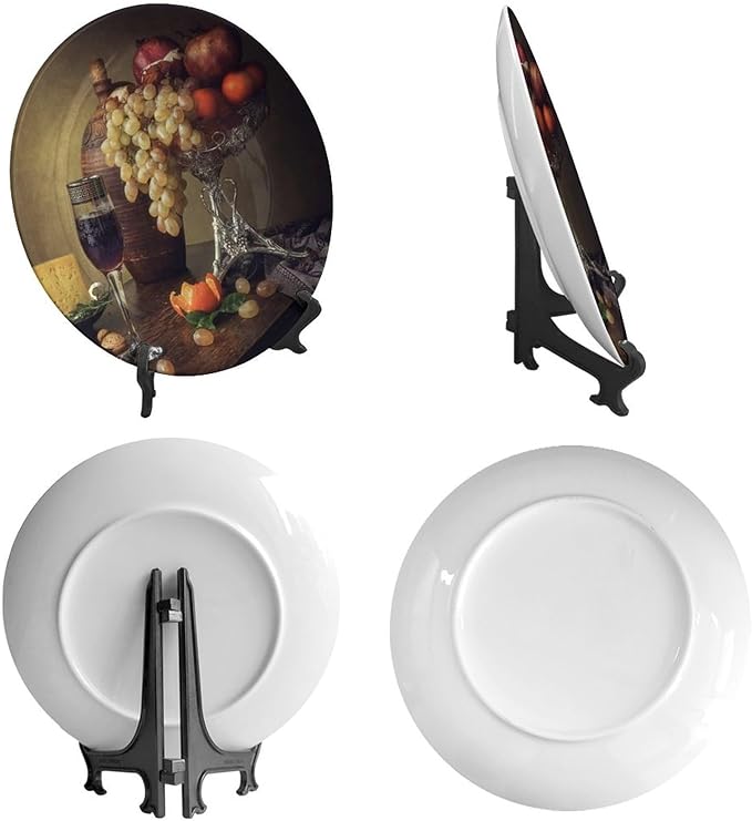 Decorative Plate Holder, 10 Inch, Cheese Grape Pomegranate Orange Garnish Round Display Plate, Decorative Plates with Stand, for Wall Hanging Living Room Bathroom Decor Gift