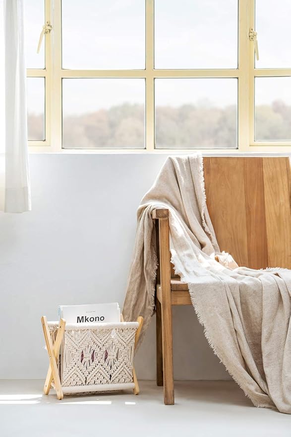 Mkono Macrame Magazine Rack Boho Storage Holder Standing Basket for Books, Newspapers, Swaddle Blanket, Dorm Essentials, Living Room, Bathroom, Office, Nursery, Home Decor, Small Size, 11.2”L x 7.5”W