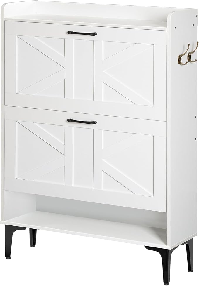 Shoe Storage Cabinet, Shoe Organizer with 2 Flip Drawers, Hidden Shoe Storage for Entryway, Freestanding Organizer with Open Storages, White SHWT9401
