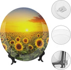 Sunflower Theme Decorative Ceramic Plate Round Porcelain Plate,8 inch,Field Pattern,for Decorative Ornaments Giving Plates,1 Plate with 1 Display Stand,Orange Red Gold