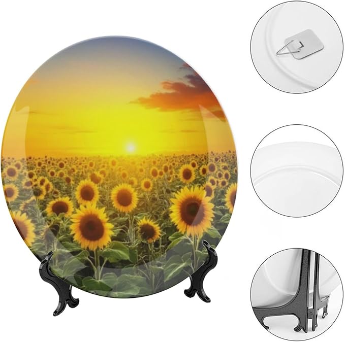 Sunflower Theme Decorative Ceramic Plate Round Porcelain Plate,8 inch,Field Pattern,for Decorative Ornaments Giving Plates,1 Plate with 1 Display Stand,Orange Red Gold