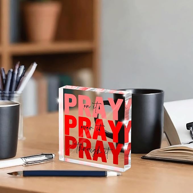 Red Dorm Room Decor for Women, Ideal Christian Gifts for Women - Pray On It,Pray Over It - Bible Verse Desk Art, Inspirational Decor, Desk Decorations for Office, 4 x 4 inches（Red）