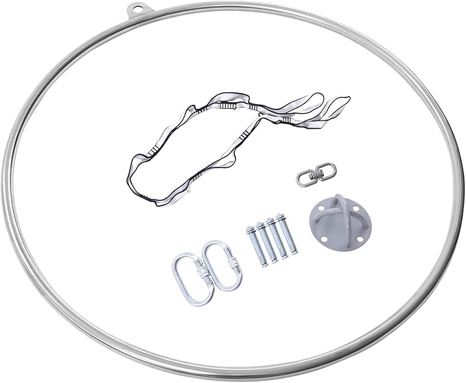 Complete Aerial Hoop Kit Professional Aerial Lyra Hoop Set Pilates Ring Single Point Yoga Ring Dancing Circus Aerial Yoga Equipment for Dancing Yoga Training,Silver