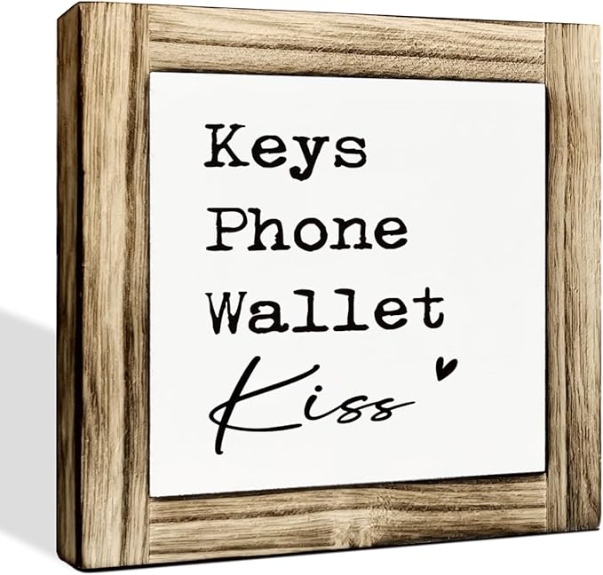 Home Decor Signs, Front Door Decoration for Shelf, Decorative Wooden Box Sign, Farmhouse Home Decor for Entryway, Housewarming Decor Accessories, Keys Phone Wallet Kiss Sign, 5.9×5.9 inches