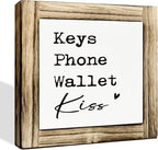 Home Decor Signs, Front Door Decoration for Shelf, Decorative Wooden Box Sign, Farmhouse Home Decor for Entryway, Housewarming Decor Accessories, Keys Phone Wallet Kiss Sign, 5.9×5.9 inches