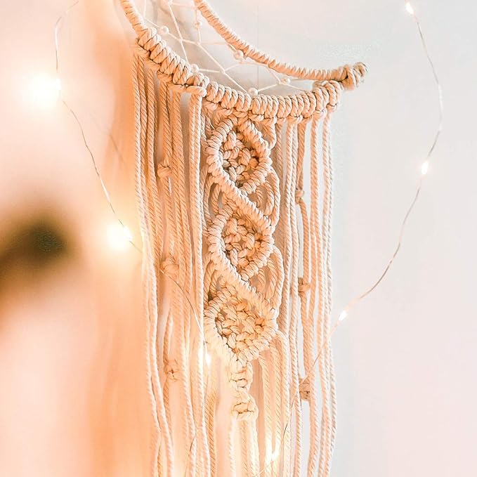 ANROYE Boho Macrame Woven Wall Hanging, Crochet Crescent Moon Star Dream Catcher with Long Tassel- White Cotton Handmade Bohemian Nursery Decor Decoration Art Craft for Kids Bedroom Dorm Room