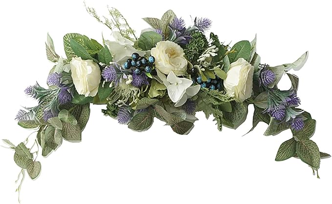 28in Artificial Rose Hydrangea Swag for Lintel,Faux White Penoy Swag Wedding Arch Flowers with Eucalyptus Leaves Blueberry,Rustic Floral Swag for Home Room Garden Front Door Party Decor