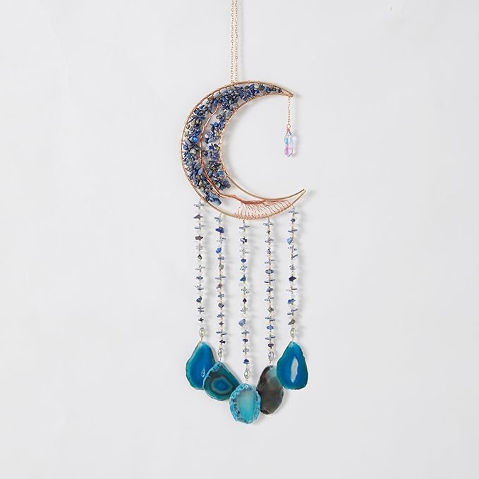 Agate Gemstone Dream Catcher 7 Chakra Tree of Life Dream Catcher with Rainbow Crystal Stones Handmade Dreamcatcher Wall Decor for Adults Boys Girls,Bedroom,Wedding,Garden,Bless Gift(Blue Moon)