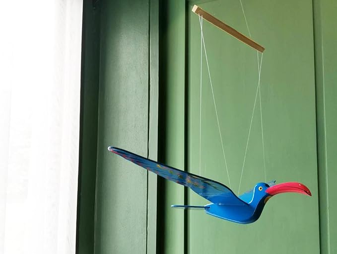 WitnyStore Wooden Bird Mobile 24" Blue Long Red Beak Hand Made Painted Wood Flapping Wing Birds Hanging Ceiling Decor Wind Chimes Handcrafted Art Animal Decorative Collectibles Décor Gifts Souvenirs