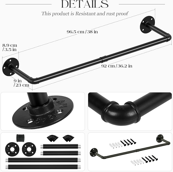 ERYTLLY Industrial Pipe Clothes Rack 38”, 2 Set Multi-purpose Wall Mounted Iron Garment Rod,Heavy Duty Detachable Hanging Clothes Rack for Closet Rod (Black,2 Base)
