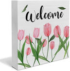 Flower Tulips Spring Wooden Box Sign Farmhouse Spring Welcome Wood Box Sign Art Blocks Desk Sign Rustic for Shelf Tabletop Home Decor 5 X 5 Inch