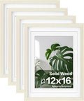 Egofine 12x16 Picture Frames Set of 4, Made of Solid Wood Covered by Plexiglass 9x12 and 11x14 with Mat or 12x16 without Mat, for Wall Mounting Photo Frame Beige