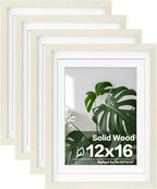 Egofine 12x16 Picture Frames Set of 4, Made of Solid Wood Covered by Plexiglass 9x12 and 11x14 with Mat or 12x16 without Mat, for Wall Mounting Photo Frame Beige
