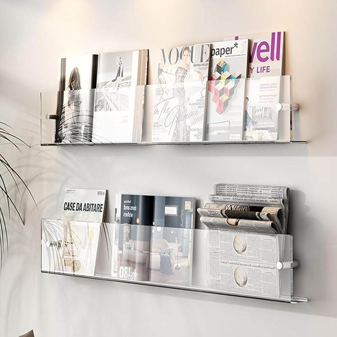 DuvinDD 2 Pack Acrylic Magazine Holder Rack Brochure Holder Wall Mount 24 inch Clear Hanging Magazine Rack Floating Bookshelf for Literature Pamphlet Organizer for Room Office, with Mounting Kit