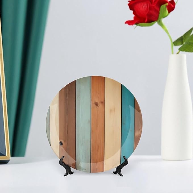 Wooden Board Theme Decorative Ceramic Plate Round Porcelain Plate,8 inch,Vintage Pattern,for Decorative Ornaments Giving Plates,1 Plate with 1 Display Stand,Blue Brown
