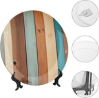 Wooden Board Theme Decorative Ceramic Plate Round Porcelain Plate,6 inch,Vintage Pattern,for Decorative Ornaments Giving Plates,1 Plate with 1 Display Stand,Blue Brown