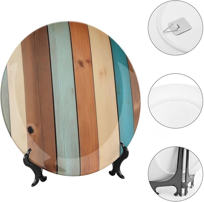 Wooden Board Theme Decorative Ceramic Plate Round Porcelain Plate,8 inch,Vintage Pattern,for Decorative Ornaments Giving Plates,1 Plate with 1 Display Stand,Blue Brown