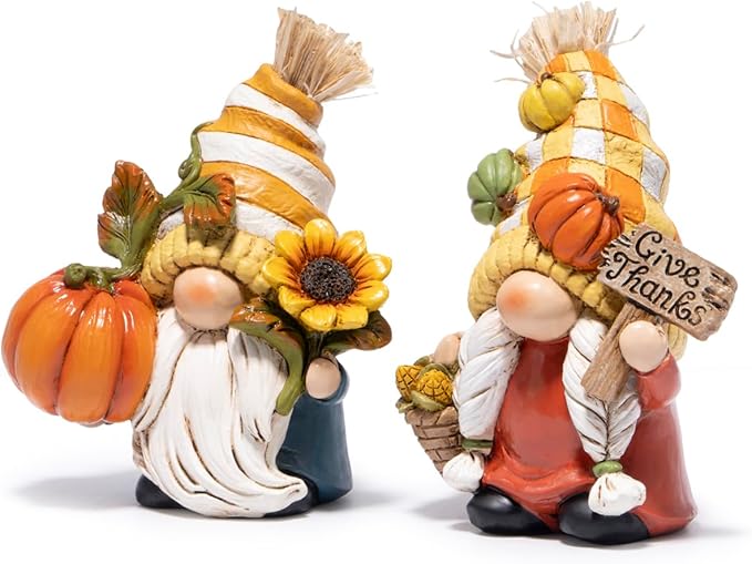 Hodao Fall Gnome Figurines – Pumpkin Gnomes with Checkered Hats, Sunflower, Corn Basket and Give Thanks Sign – Thanksgiving/Harvest Home Decor & Gift for Tiered Tray, Mantel, Tabletop, Windowsill
