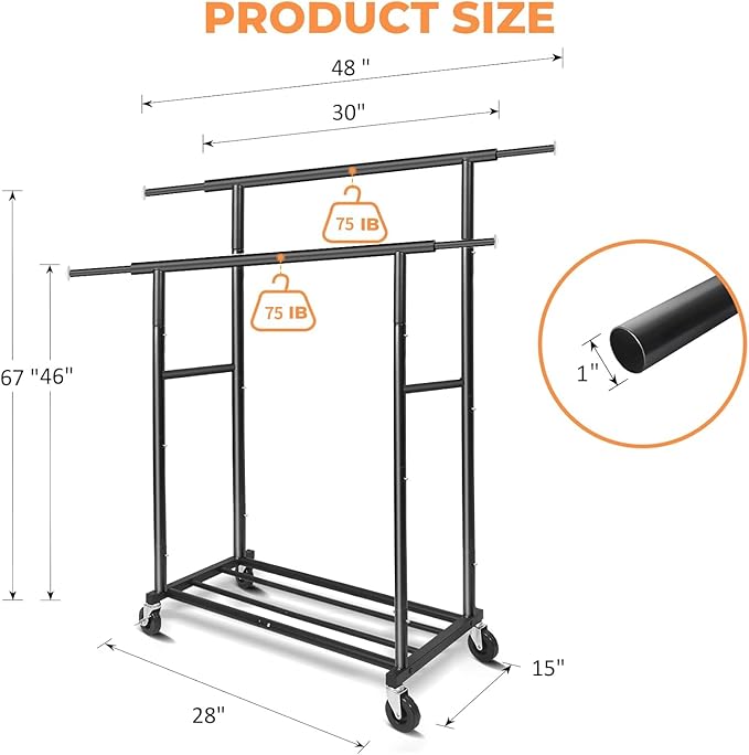 Fishat Stand Portable Black Double Rods Garment Rack with Rolling Clothes Organizer on Lockable Wheels Mobile, 48" W x 15" D x 67" H, Metal Simple Hanging Clothes with 2 Hook