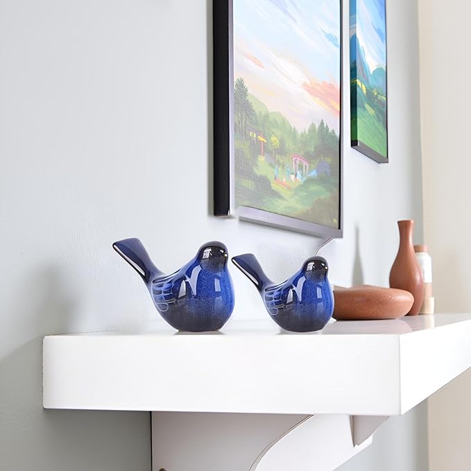 2pcs Small Ceramic Bird Statue and Sculpture for Home Decor Accents,Modern Animal Ornaments for Living Room,Bedroom,Bookshelf,Cabinets,Coffee Table Centerpiece,Cute Knick Knacks for Shelves (Blue)
