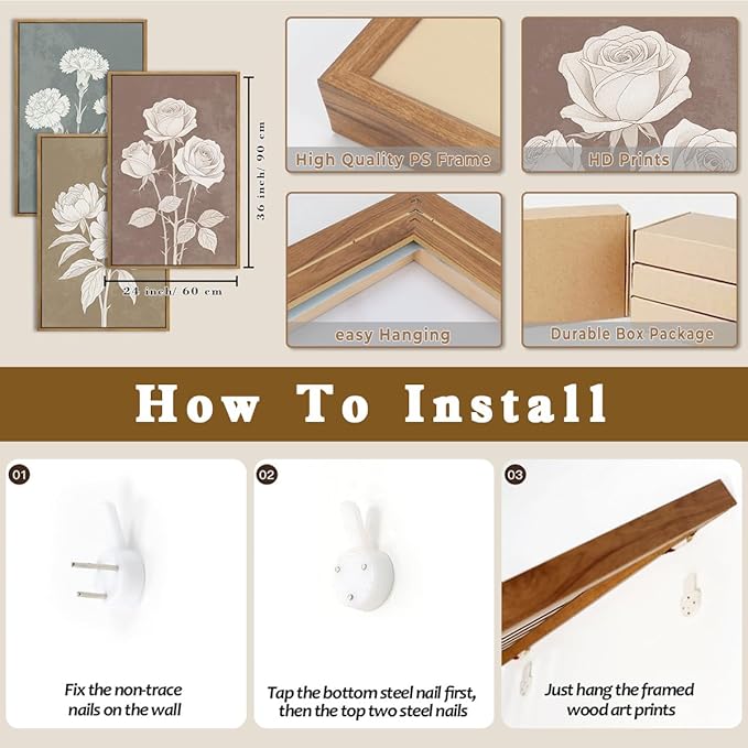BINCUE Boho Floral Wall Painting Framed Botanical Wall Art Decor Flower Print Flower Artwork Floral Art Prints Flowers Pictures for Living Room Bedroom Dining Room Farmhouse 16x24 Inch Set of 3 Gift