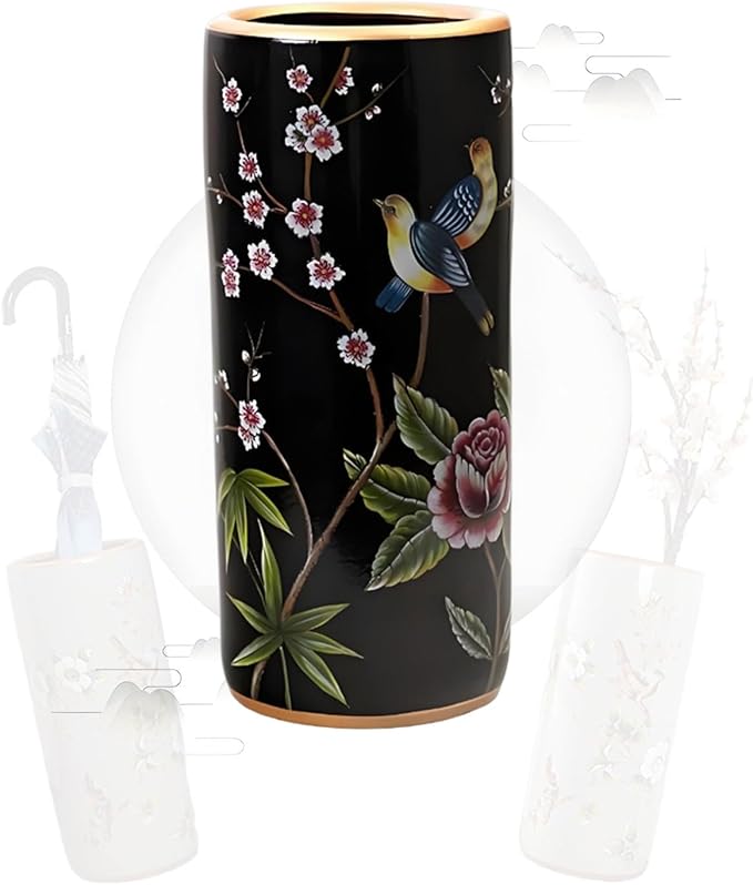 Decorative Ceramic Umbrella Stand - Porcelain Umbrella Holder Chinese Flower and Bird Print Vintage Floor Standing Vase Multi-Functional Cane Storage