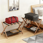Bamboo Luggage Rack for Guest Room, 26.77" Folding Wide Suitcase Stand with Fabric Storage Shelf, Thickened Luggage Stand Holder for Bedroom Hotel, Luggage Rack for Suitcases (1 Pack - Tea brown)