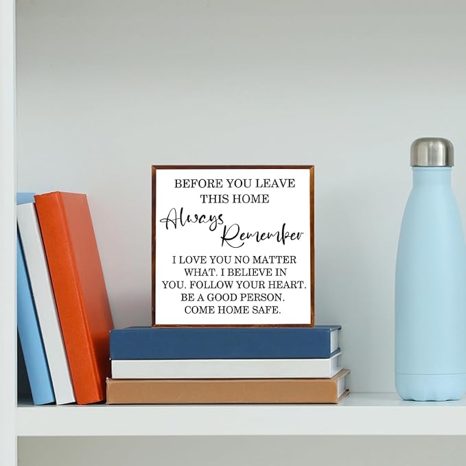 Inspirational Home Decor Signs Quote Wood Box Sign, Before You Leave This Home Wood Box Sign Square Desk Decor，Rustic Farmhouse Home Sign for Shelf Decor 5 x 5 Inches.（white）