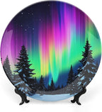 Aurora Theme Decorative Ceramic Plate Round Porcelain Plate,6 inch,Snow Forest Pattern,for Decorative Ornaments Giving Plates,1 Plate with 1 Display Stand,Purple Green