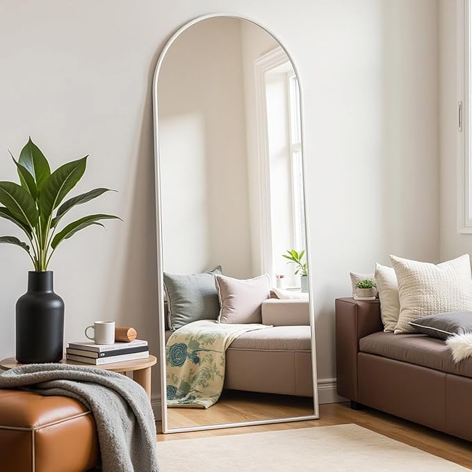 Prywot Arched Floor Mirror, 57 "x 20" Full Length Mirror Wall Mirrors Hanging or Leaning Arched-Top Full Body Mirrors with Stand for Bedroom, Dressing Room, White