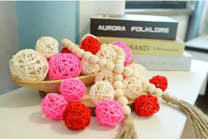 Qingbei Rina Valentine's Day 20 PCS Wicker Rattan Balls, Red Pink White Decorative Balls for Bowls, Vase Filler for Centerpieces, Bowl Fillers for Home Decor(Pink Red White)