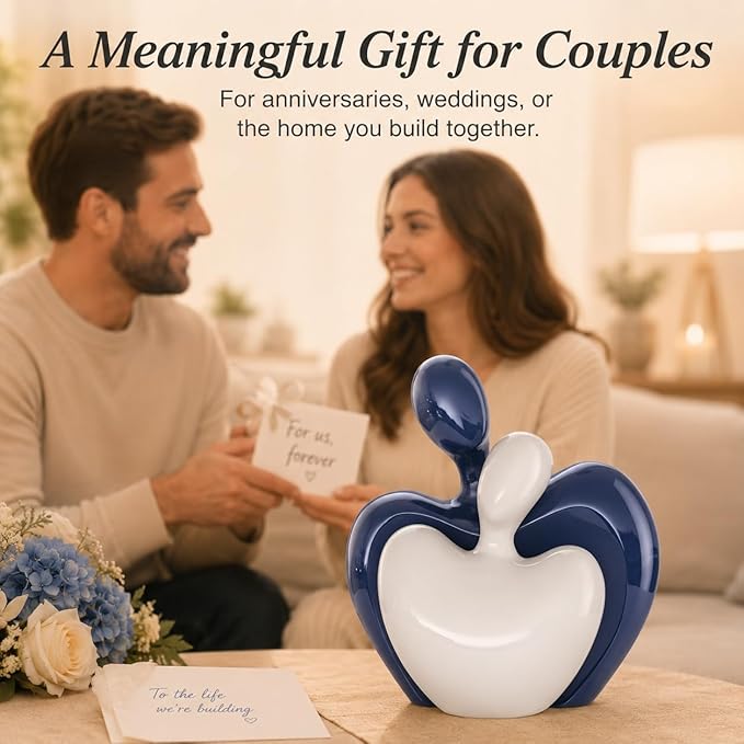XMGZQ Blue White Mini Hugging Couple Statue Ceramic Lover Figurine Home Decor is a Romantic Gift for Her on Wedding Anniversary and Valentines, TV Stand Decoration Knick Knacks for Shelves (Blue)