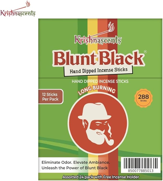Blunt Black Hand-Dipped Incense Sticks | Premium 24 Assorted Packs - 288 Sticks, 11" Long | Aromatherapy with Long Burn Time | Free Wooden Stick Holder (Scents May Vary)